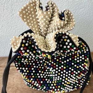 Vintage Beaded Drawstring Bag Reversible Boho Purse